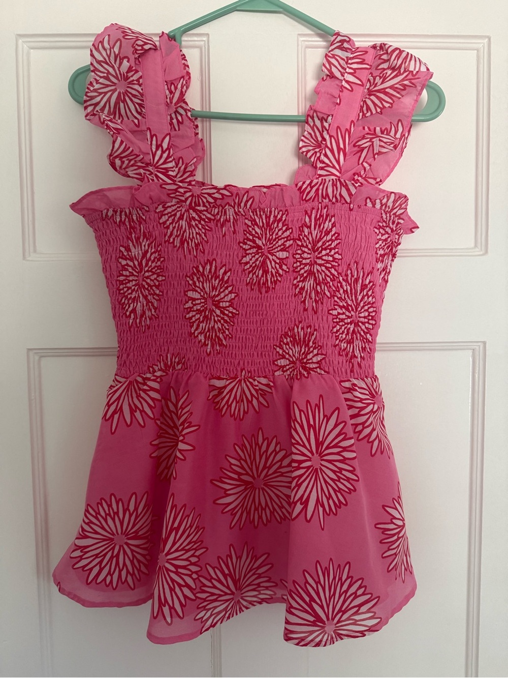 Pink Floral Smocked Ruffle Strap Top - j.Marie